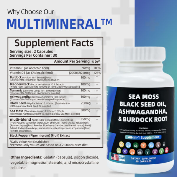 Sea Moss Black SeedOil 80g with Ashwagandha &Burdock Root Capsules 60 Capsules