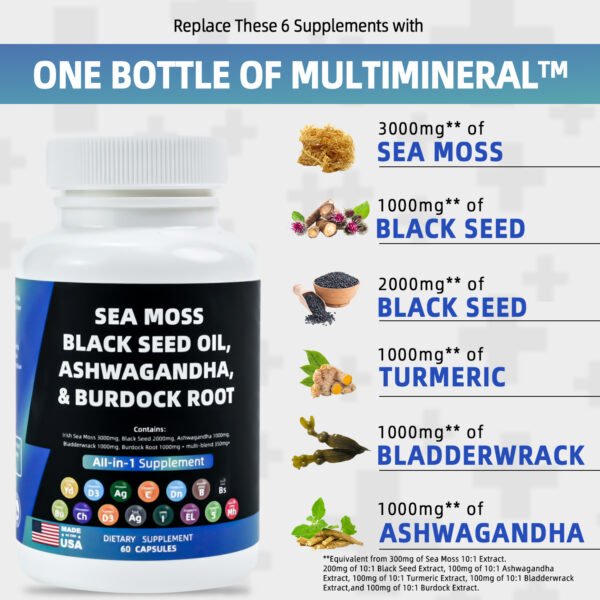 Sea Moss Black SeedOil 80g with Ashwagandha &Burdock Root Capsules 60 Capsules