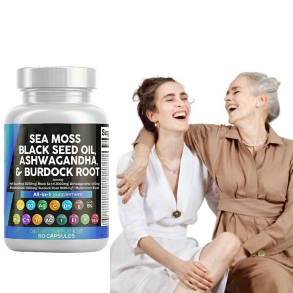 Sea Moss 3000mg Black Seed Oil 2000mg Ashwagandha 1000mg Turmeric 1000mg Bladderwrack 1000mg Burdock 1000mg & Vitamin C & D3 with Elderberry Manuka Dandelion Yellow Dock Iodine Chlorophyll ACV