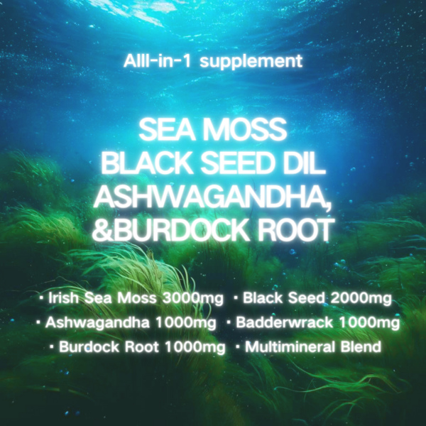 Sea Moss 3000mg Black Seed Oil 2000mg Ashwagandha 1000mg Turmeric 1000mg Bladderwrack 1000mg Burdock 1000mg & Vitamin C & D3 with Elderberry Manuka Dandelion Yellow Dock Iodine Chlorophyll ACV