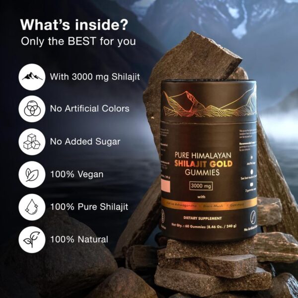 Pure Himalayan Shilajit Gummies Gold I Lab Tested I No Added Sugar I Ashwagandha, Gokshura| Fulvic Acid & 85+ Trace Minerals I for Men, Women I Non-GMO I 100% Natural & Organic I 60 Gummies